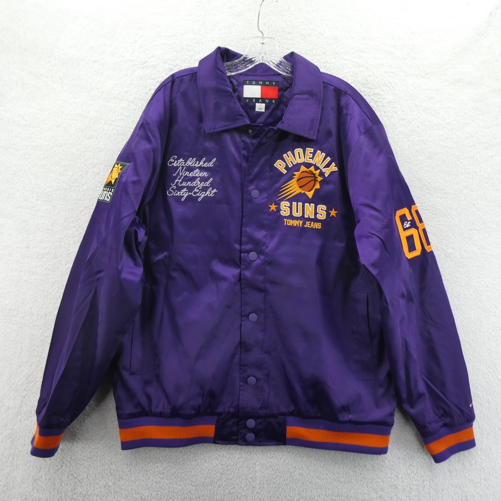 Tommy Jeans Jacket Mens Large Phoenix Suns Purple Satin NBA Coaches Quilted Vtg